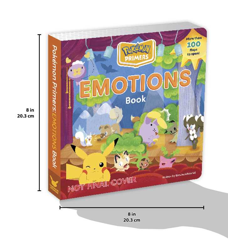 Pokemon Emotions book with dimensions on a white background