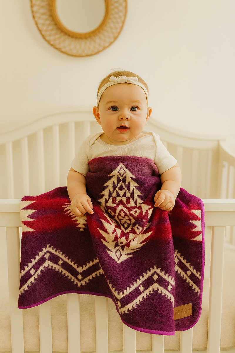 Baby in a wooden crib covered by the Pink/Magenta Alpaca Baby Blanket, highlighting its use as a cozy crib throw.