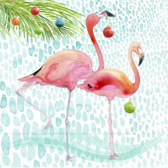 Two pink flamingos standing on a textured green and blue background with festive ornaments.