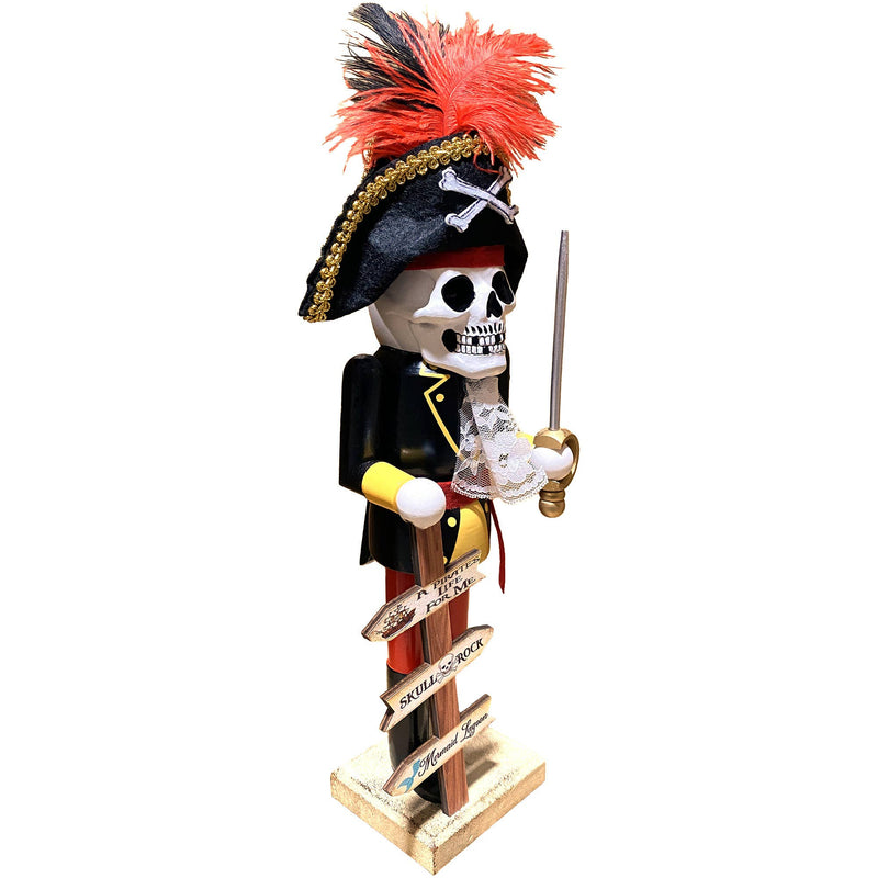Side view of 14 inch skeleton pirate nutcracker holding sword and wooden signpost with Skull Rock and Mermaid Lagoon directions