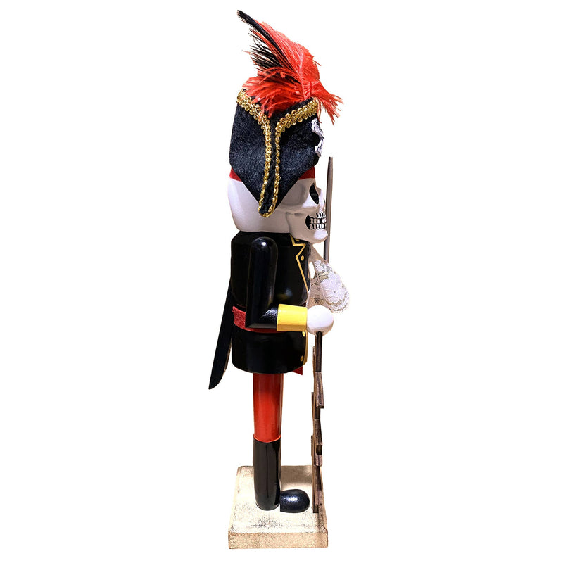 Side view of 14 inch skeleton pirate nutcracker holding sword and wooden signpost with Skull Rock and Mermaid Lagoon directions