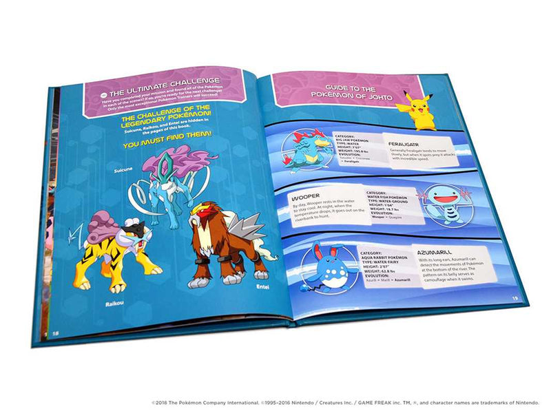 Open book with colorful illustrations of Pokémon characters on a white background