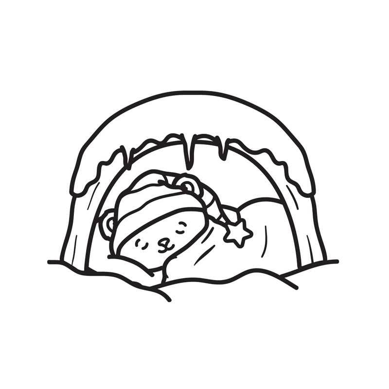 Black and white line drawing of a baby bear in an igloo