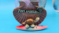 Beachy Port Aransas turtle ornament and magnet made with scallop shell and colorful surfboard