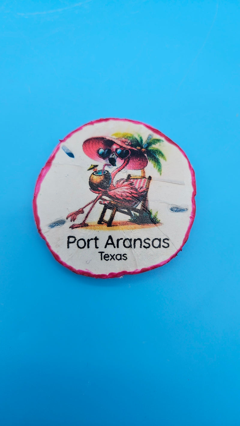 Handmade sand dollar magnet with flamingo and coconut drink – Port Aransas Texas souvenir
