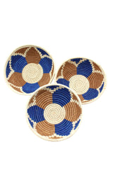 Raffia straw basket bowl set in blue flower design - coastal home decor accessory