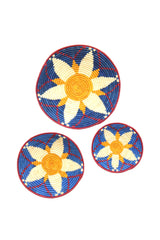 Raffia wall basket set in Blue Flower pattern – coastal home decor accessory