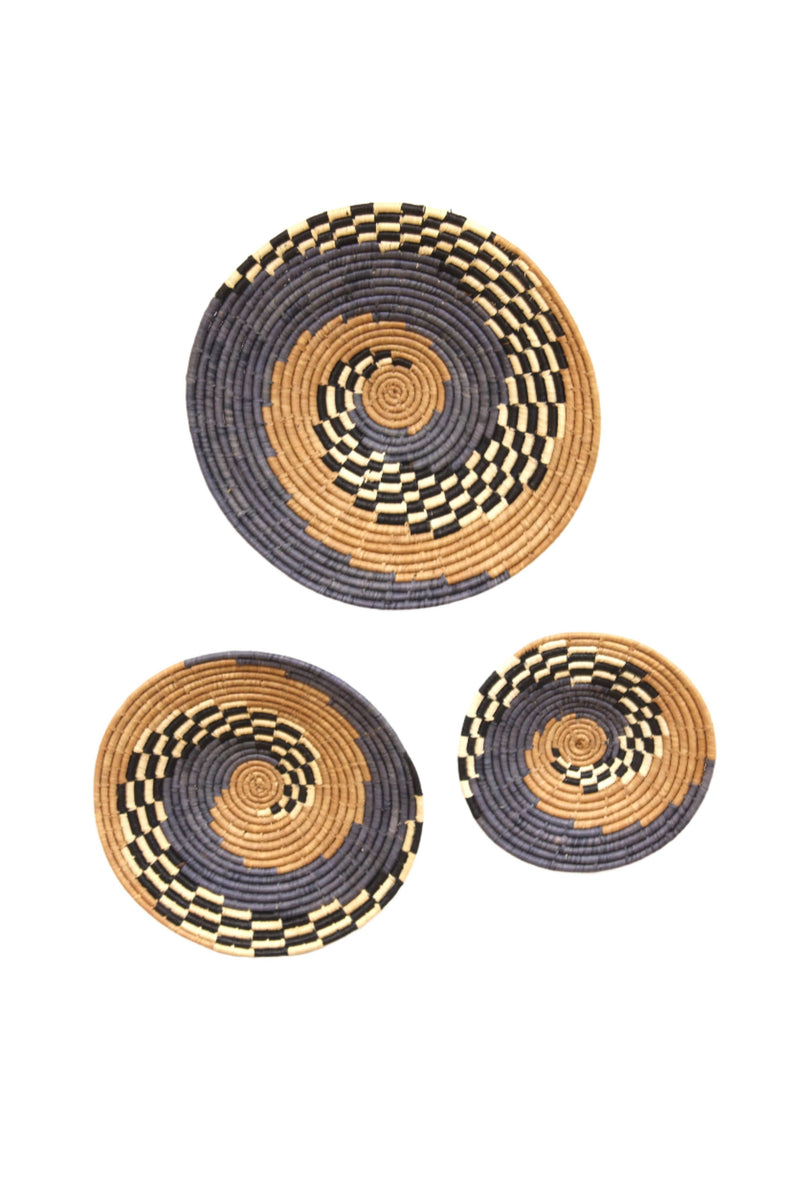Raffia wall basket set in Grey & Tobacco Swirl – coastal home decor accessory