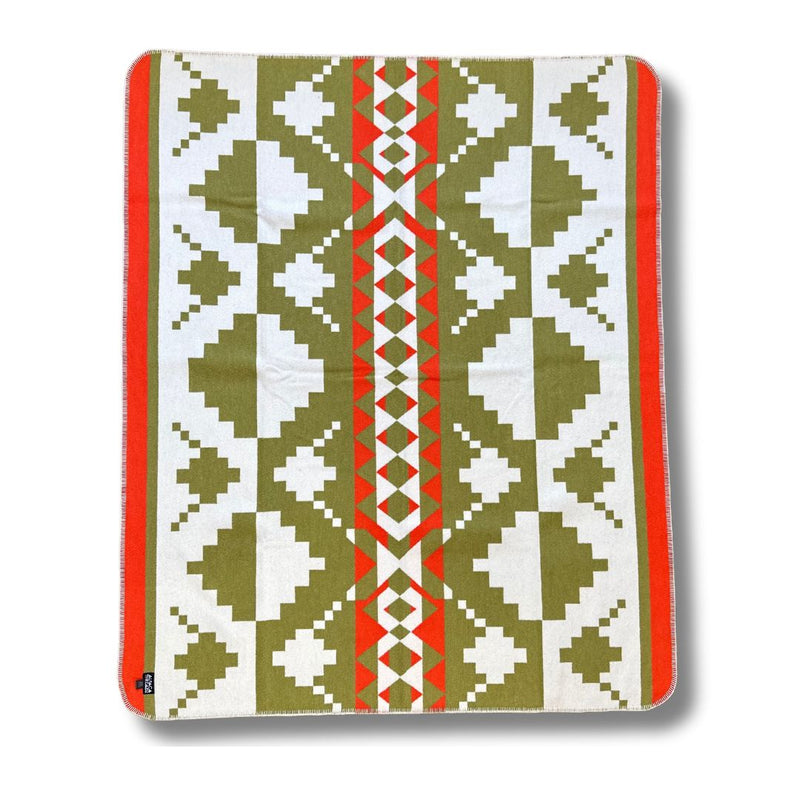 Full vertical view of the Red/White/Green geometric alpaca blanket pattern.