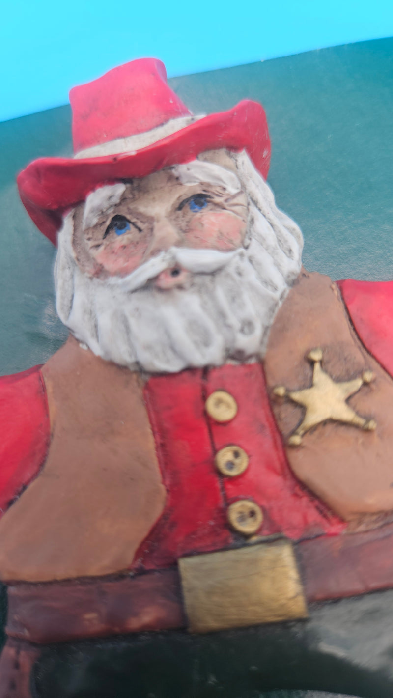 Western-style Santa ornament with hat and badge – rustic holiday decoration