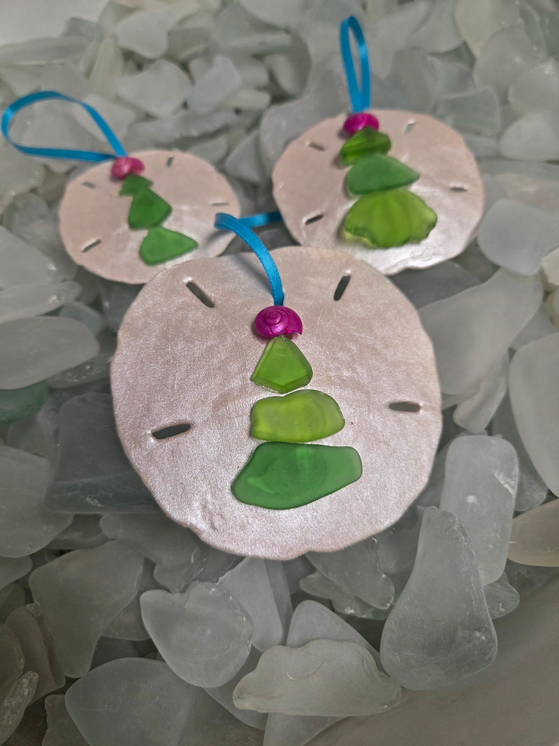 Sand Dollar Ornament with sea glass Christmas tree - coastal handmade holiday decoration