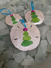 Sand Dollar Ornament with sea glass Christmas tree - coastal handmade holiday decoration