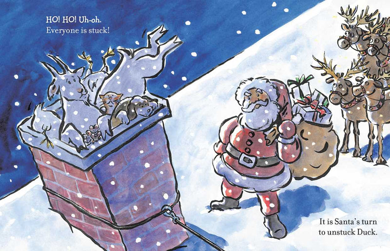 Illustration of Santa Claus with reindeer and a sleigh full of animals in a snowy scene.