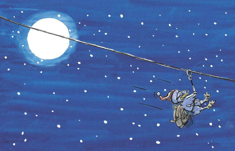 Cartoon character hanging from a rope against a night sky with a full moon.