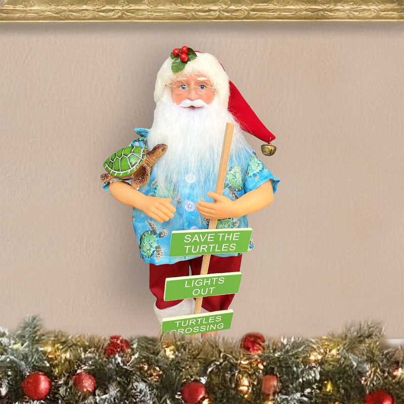 Close-up of Save the Turtles Claus showing face, red hat, sea turtle, and tropical shirt details