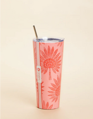 Pink insulated tumbler with orange tribal palm design