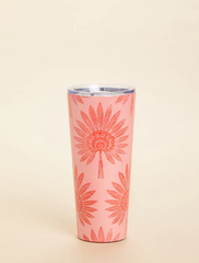 Pink insulated tumbler with orange tribal sunburst design