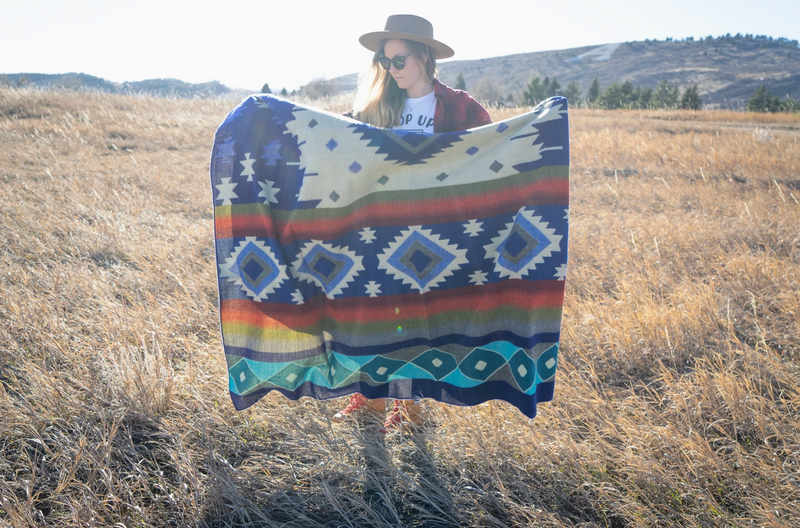 Andean Alpaca Wool Blanket - Ocean Breeze - Light Blue/Dark