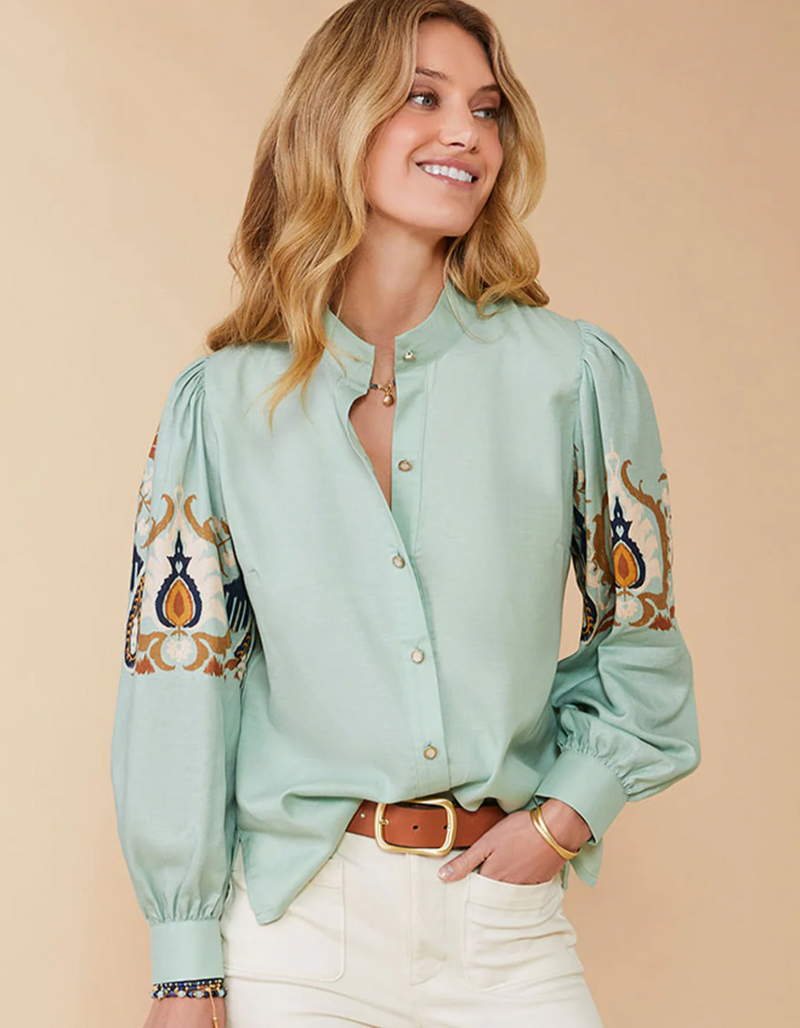 Paulette Blouse Kalalanta Ikat Palm Sea Foam