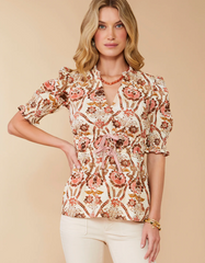 Tatum Blouse Mystic Moss Stencil Coral