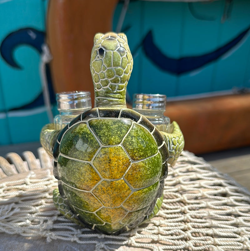 Resin sea turtle salt and pepper shaker holder with detailed shell and two glass shakers on a coastal tabletop.