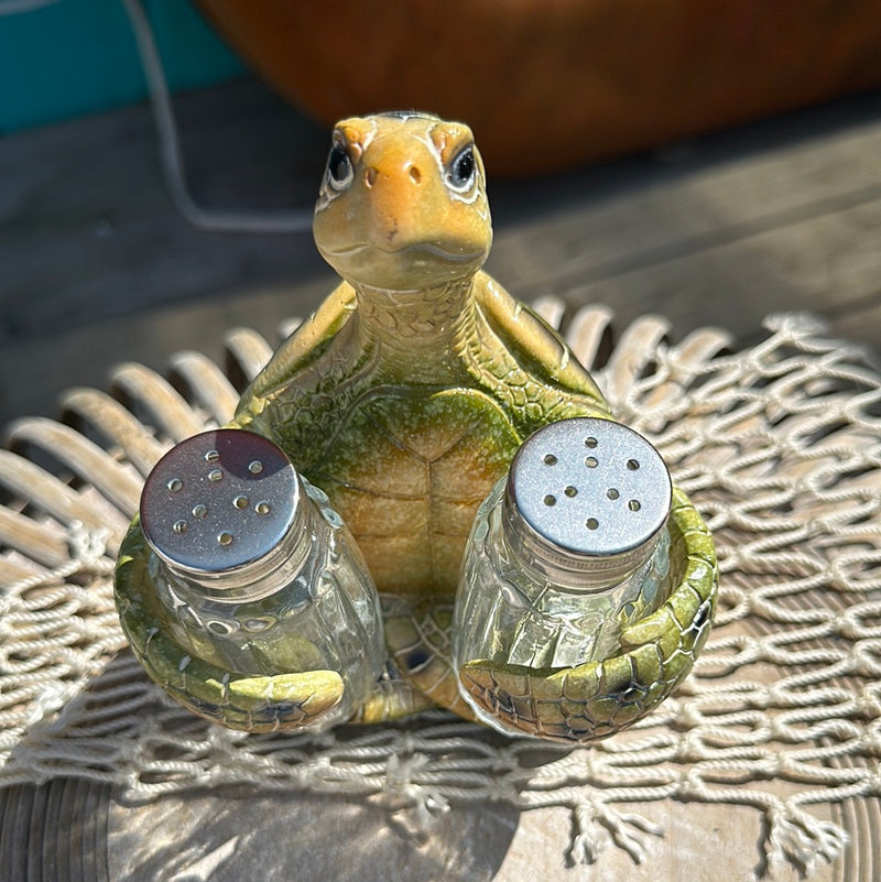 Resin sea turtle salt and pepper shaker holder with detailed shell and two glass shakers on a coastal tabletop.