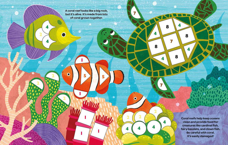 Illustration of a turtle with a number puzzle, fish, and coral in an underwater scene.