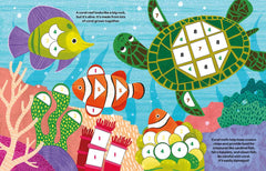 Illustration of a turtle with a number puzzle, fish, and coral in an underwater scene.