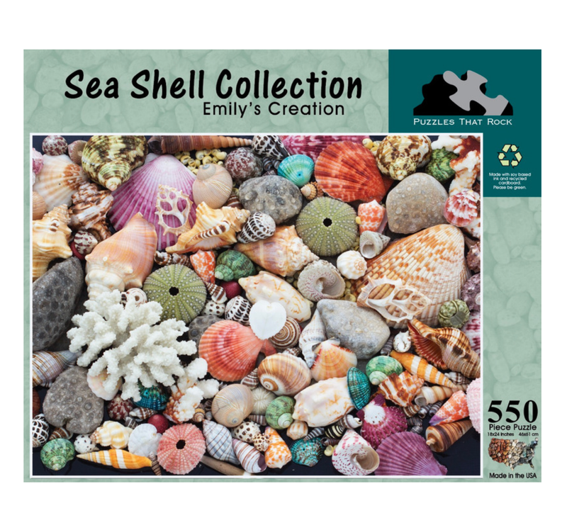 Seashell Collection 550-piece jigsaw puzzle box featuring vibrant real seashells. Designed by a young aspiring artist.