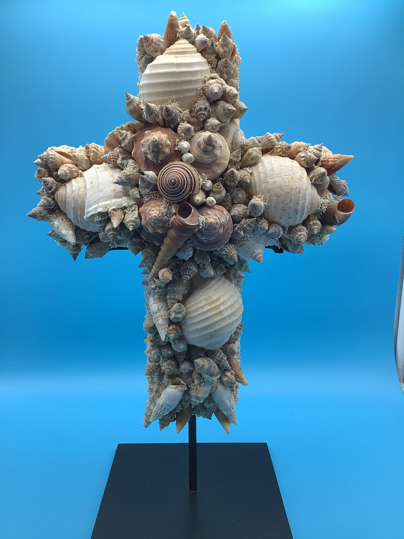 Front view of 17-inch Seashell Cross on Stand showing natural shell design