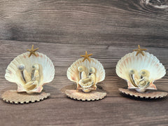 Handmade Seashell Nativity Scene featuring real shells with a starfish on top, unique and one-of-a-kind, approximately 4