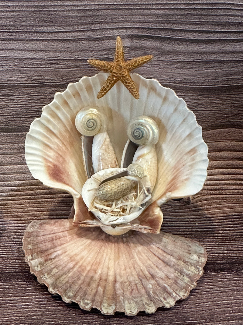 Handmade Seashell Nativity Scene featuring real shells with a starfish on top, unique and one-of-a-kind, approximately 4"x3"