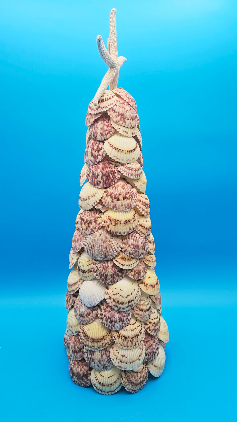 Full product shot of the seashell tree, highlighting the warm tan and brown hues of the shells and the starfish topper.