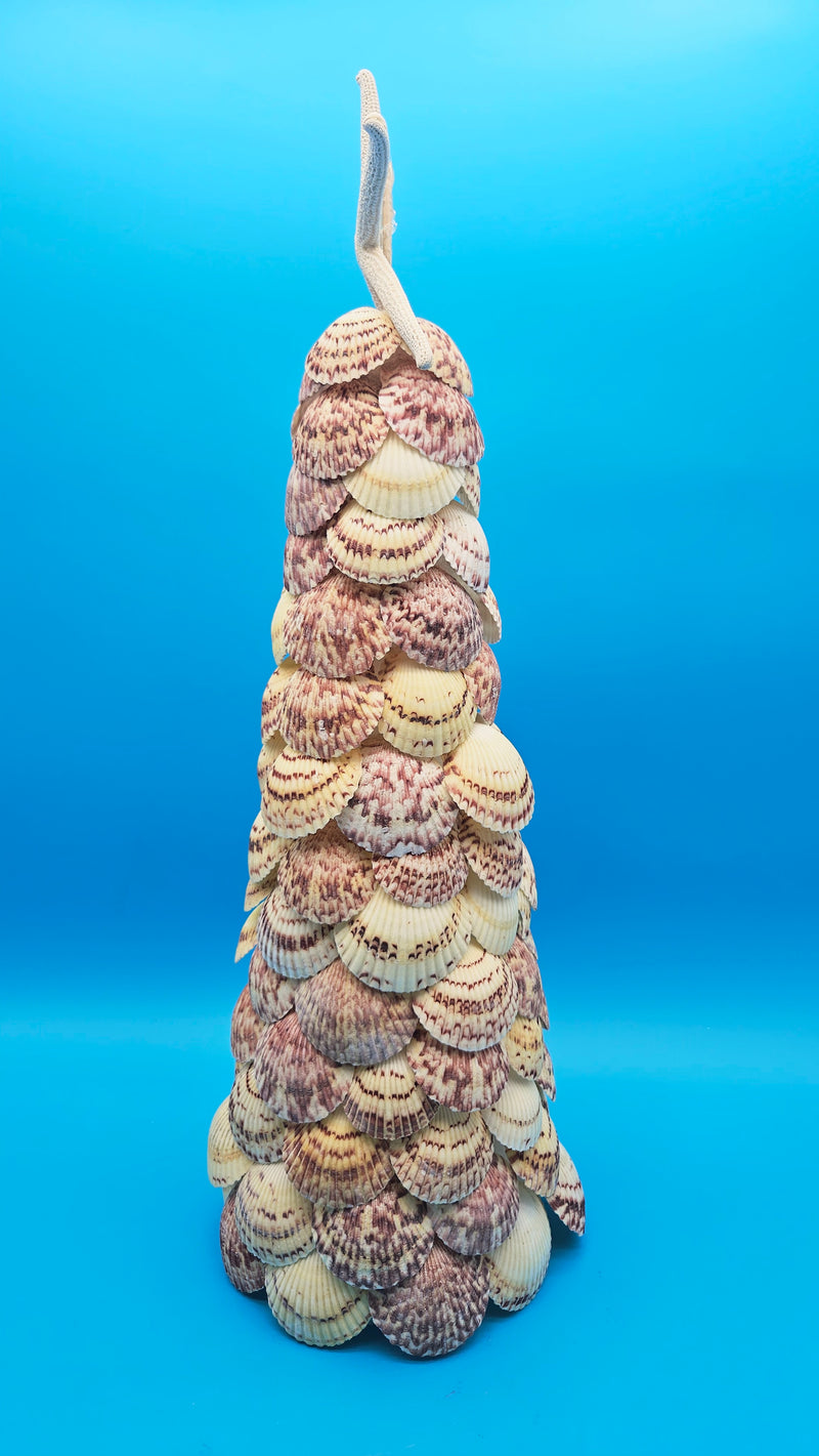 Vertical crop of the seashell tree showing the cone shape and the dense, layered texture of the small, natural brown-patterned shells.