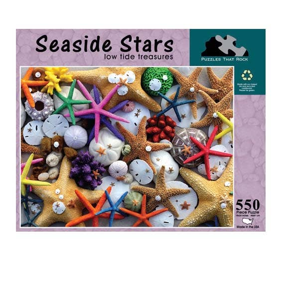 Seaside Stars 550-piece jigsaw puzzle box featuring colorful starfish and sand dollars, showcasing coastal treasures.