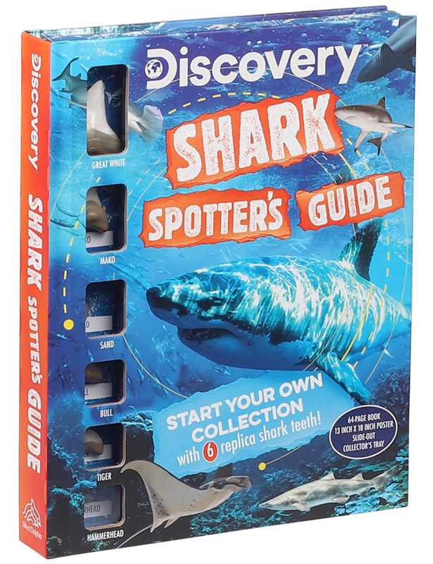 Discovery Shark Spotter's Guide packaging with shark illustrations and text on a blue background