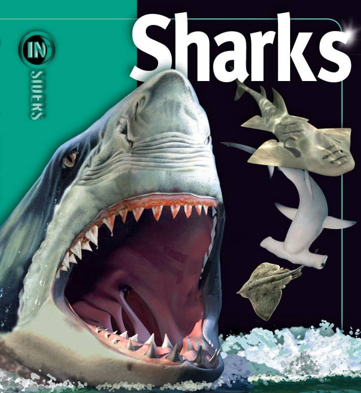 Book cover of 'Sharks' with a large shark illustration on a green and black background.