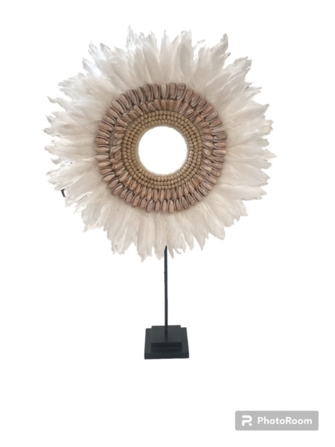 Handmade Feather & Shell Decor on Metal Stand