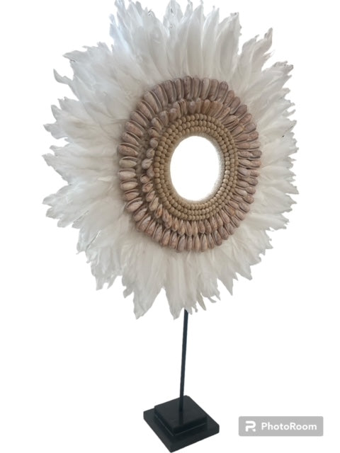Handmade Feather & Shell Decor on Metal Stand