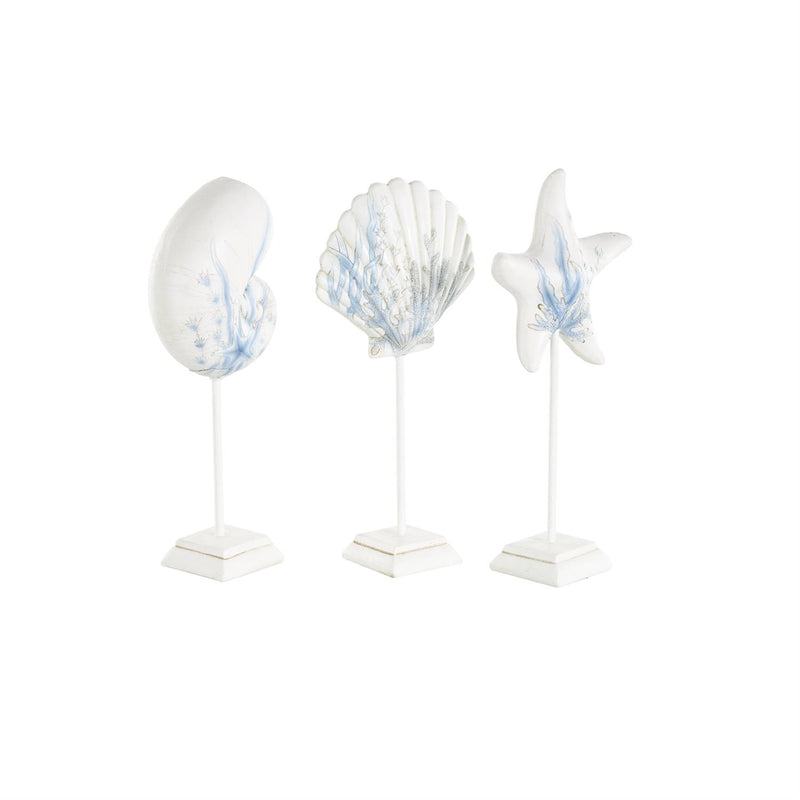  Coastal-themed sea life sculptures with blue coral designs, featuring a starfish and shells on elegant stands.