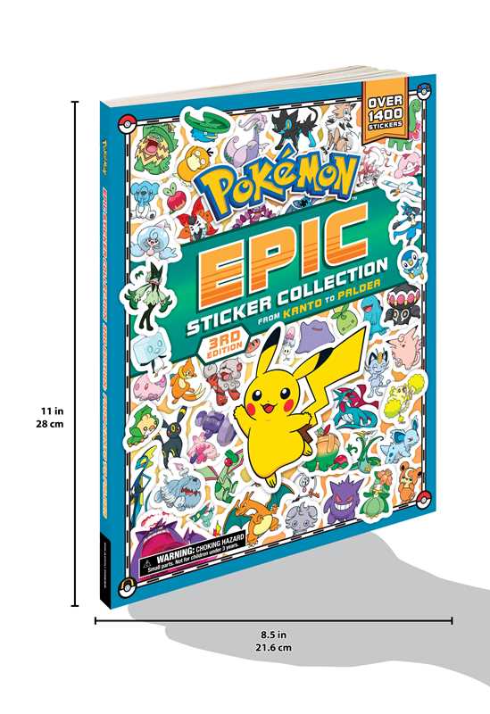 Pokémon Epic Sticker Collection book with Pikachu on the cover, showing dimensions.