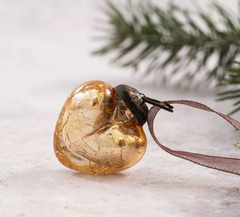 Small Champagne Crackle Glass Heart ornament with an ornate bronze cap and coordinating organza ribbon.