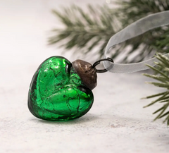 Small Emerald Crackle Glass Heart ornament with bronze cap and organza tie, measuring approximately 4cm.