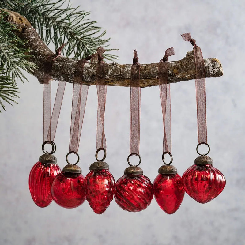 Small Mixed Design 1-inch Red Crackle Glass Bauble, hand-blown ornament with ornate cap and organza ribbon for holiday decoration.