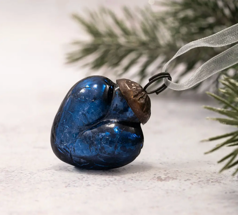 Small Old Navy Crackle Glass Heart Ornament with an ornate bronze cap and coordinating organza ribbon