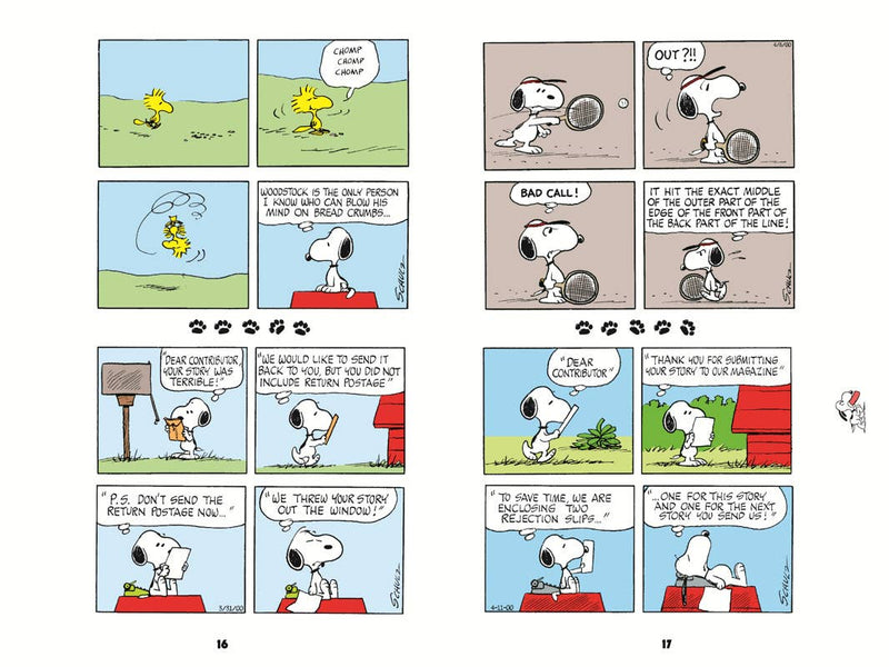Comic strip with Snoopy and Woodstock in various scenarios