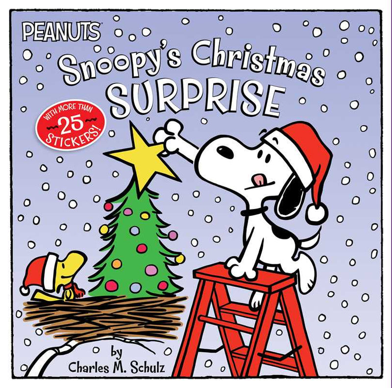 Book cover of 'Snoopy's Christmas Surprise' featuring Snoopy and Woodstock with a Christmas tree.
