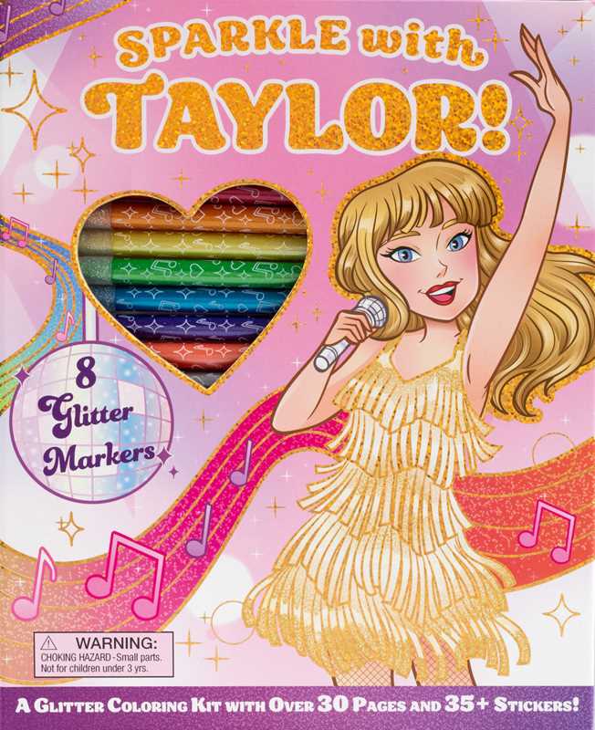 Sparkle with Taylor glitter coloring kit packaging with a girl holding a microphone and colorful markers.