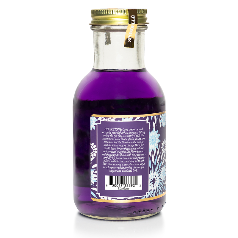 Back label of Spongellé Blackberry Diffuser Oil showing product details and ingredients