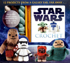 Star Wars-themed crochet book with yarn and crocheted figures on a galaxy-themed background